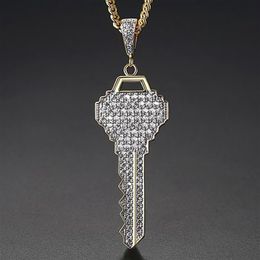 New Men's Key Pendants Necklace Ice Out Cubic Zircon Gold Colour Fashion Rock Street Hip Hop Jewellery With Chain For Gift240j