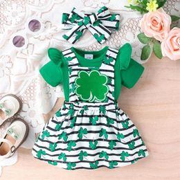 Clothing Sets 2023-12-07 Lioraitiin Baby Girl St Patricks Day Outfit Short Sleeve Romper Clover Striped Suspender Skirt Headband Clothes Set