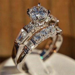 Wedding Rings Shiny 2pcs set White Stone Zircon Engagement Ring Set For Women Silver Colour Vintage Bridal Jewellery Gift B4N967245R