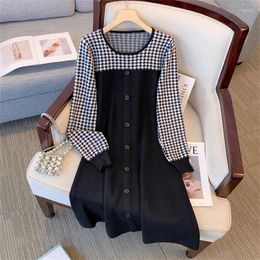 Casual Dresses Autumn Fashion Retro Plaid Patchwork Dress Women Slim Knitted Mini Elegant Office Ladies O-neck Long Sleeved Robe Q471