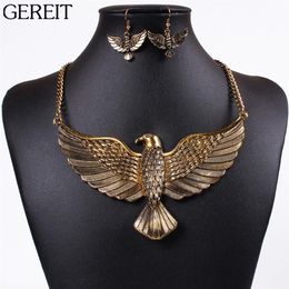 GEREIT Vintage Gold Silver Filled Big Bird Eagle Pendant Necklace Earrings For Women Punk Egyptian African Dubai Jewellery Set260i