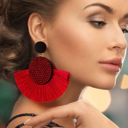 BICUX Fashion Bohemian Tassel Crystal Big Earrings Black White Red Silk Fabric Drop Dangle Tassel Earrings For Women Jewelry223f