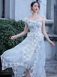 Work Dresses Summer Fairycore 2 Piece Set Women Vintage Chic Design Blue Print Lace Short Shirt Tops & Asymmetrical Skirt Lady Outfits