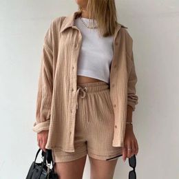 Women's Blouses Wrinkled Lapel Long-sleeved Shirts 2023 Street Leisure Clothing High-waist Drawstring Shorts Fashion Two-piece Set