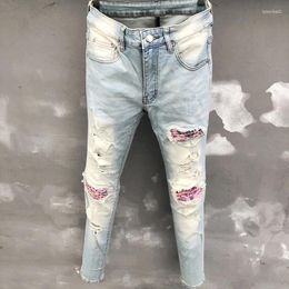 Men's Jeans 2023 Designer Pants Slim Fit Dance Casual Distressed Denim Street Fashion Patchwork Holes Men Blue Plus Size