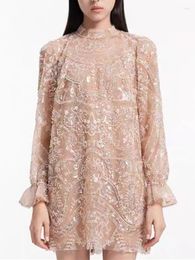 Casual Dresses Women's Embroidery Beaded Sequin Mini Dress Female Stand Collar Mesh Long Flared Sleeve Robes Autumn 2023