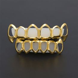 New Hip Hop Custom Fit Grill Six Hollow Open Face Gold Mouth Grillz Caps Top & Bottom With Silicone Vampire teeth Set254i