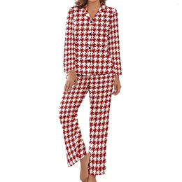 Women's Sleepwear Houndstooth Pajamas Women Red And White Kawaii Home Suit Autumn Long-Sleeve 2 Pieces Casual V Neck Pattern Pajama Sets