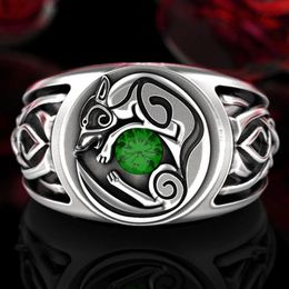 S925 Sterling Silver Celtic Knot Wolf Ring Fashion Vintage Viking Animal Jewellery Wedding Engagement Emerald Diamond Nordic Wolf Pa244R