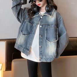 Jackets 13-14y Girls Loose Denim Jacket Personalized Spring And Autumn Top European American Fashion 5y 6y 7y 8y