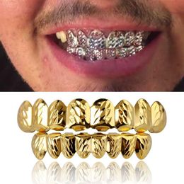 18K Gold Hip Hop Vampire Hammered Teeth Fang Grillz Dental Mouth Grills Braces Tooth Cap Rapper Jewelry for Cosplay Party Wholesal249V