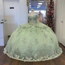 Luxury Vestido De 15 Anos Sage Green Quinceanera Dresses Applique Lace Beads Sweetheart Mexican Girls Sweet 16 Birthday Party Dress