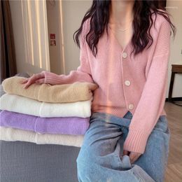 Women's Knits Kpop Cardigan Women Solid Knit Single Breasted V-neck Long Sleeve One Size Autumn Outwear Korean Sweater Coat