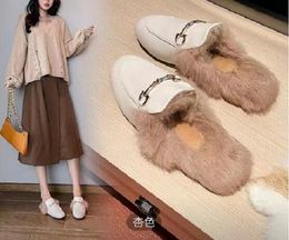 6003 Women Loafers Autumn Winter Warm Wool Slippers Classic Metal Buckle Embroidery Sandals Men Leather Half Slipper Pattern Slides size