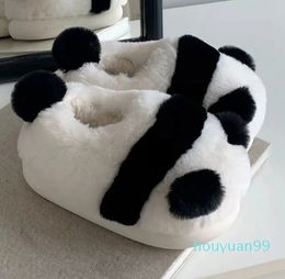 Slippers black and white cute panda slider women fluffy fur platform thick soled shoes winter Kawai memory foam home