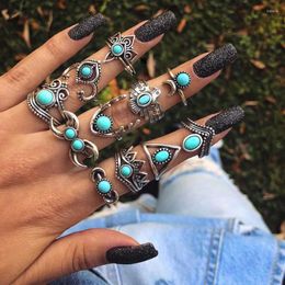 Cluster Rings Vintage Turquoise Inlaid Carved Feather Ring Fashionable Personality 11 Piece Combination Set