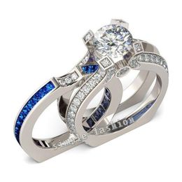 Fashion 925 Sterling Silver Princess-cut Blue Sapphire Diamond CZ Gemstone Rings set Engagement Wedding Bride Band Rings Finger fo213Q