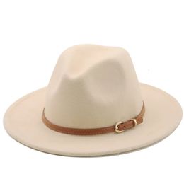 Wide Brim Hats Bucket 56 60cm White BlackWide Fedora Hat Women Men Imitation Wool Felt with Metal Chain Decor Panama Jazz Chapeau hat 231216