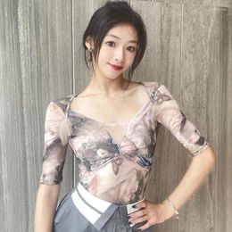 Stage Wear Latin Dance Tops Women Half Sleeves Pink Flower Print Leotard Adult Ballroom Practice Clothes Rumba Samba Dancewear L12106