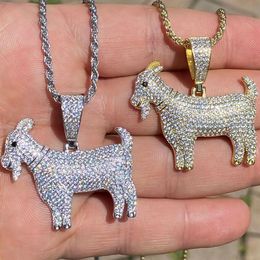 14K Real Solid Copper GOAT Pendant Bling Cubic Zirconia Necklace with 3mm 24inch Rope Iced ICY Gold Silver HipHop Mens220t