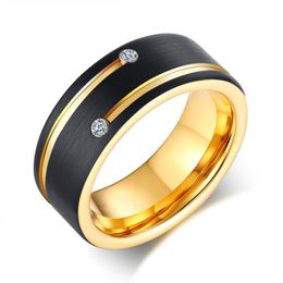 Engraving 8mm Mens Black Tungsten Carbide Wedding Band with Gold Grooves 2 Crystal Personalised Mens Ring182T