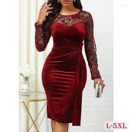 Plus Size Dresses Elegant Women Wedding Dress Office Lady Velvet Lace Patchwork For Party Wear Female Slim Prom Vestido L-5XL