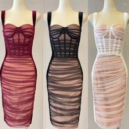 Casual Dresses 2023 Fishbone Velvet Dress Temperament Mesh Gauze Party Sling Fashion Women