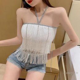 Women's Tanks Sexy Off Shoulder Tassel Small Sling Vest Shirt Woman High Waist Sleeveless Bottoming Top Women Halter White Black