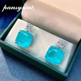 PANSYSEN Pure 925 Sterling Silver Big Gemstone Paraiba Tourmaline Simulated Moissanite Earring Party Stud Earrings Drop 260J