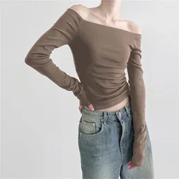 Women's T Shirts Women Sexy Off Shoulder Long Sleeve Crop Top Solid Colour Ribbed Blouses T-Shirt 066C