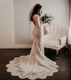 Pretty Lace Long Sleeves Mermaid Wedding Dress For Bride Backless V-Neck Sexy Beach Bridal Gowns Bohemian Elegant Bride Formal Dresses 2024 Spring Robe De Mariee