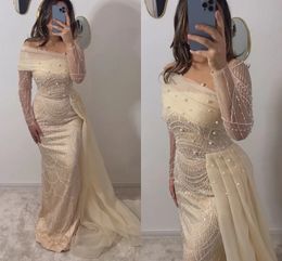 2024 Luxury Mermaid Evening Pageant Dress With Overskirt Sheer Neck Beads Sequins Prom Formal Gown Celebrity Dresses Vestidos De Gala Robe De Soiree