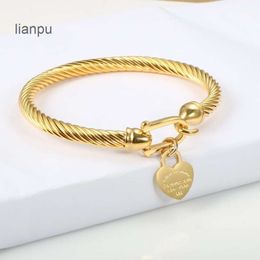 Designer Bracelets Titanium Steel Bangle Cable Wire Gold Colour Love Heart Charm Bangle Bracelet With Hook Closure For Women Men Wedding Jewellery Gifts1