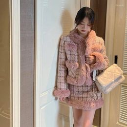 Two Piece Dress Autumn Winter 2 Pieces Women Set Pink Y2K Plaid Tweed Short Tops Thicked Furry Jacket And Mini A-line Skirts Suit Fashion