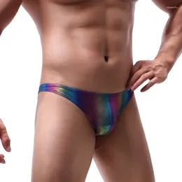 Underpants Men Briefs Shiny Rainbow Striped Underwear Sexy Tanga Male Penis Pouch Breathable Gay T-back Panties Bikini