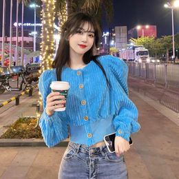 Women's Blouses Korejepo Blue Corduroy Shirt Design Niche Bubble Long Sleeved Waistband Chic Top 2023 Women Autumn Short French Retro Tops