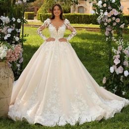 Atemberaubendes 2024 weißes, luxuriöses Ballkleid-Hochzeitskleid mit U-Ausschnitt und langen Ärmeln, wunderschöne Applikationen, 3D-Blumen-Stickerei, Prinzessin-Brautkleid