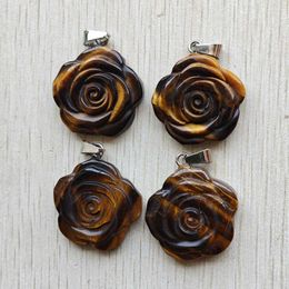 Pendant Necklaces Fashion Good Quality Natural Tiger Eye Stone Carved Rose Flower Pendants For Jewellery Making Wholesale 4pcs/lot