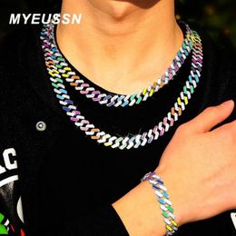 Chains 13MM Iced Out Cuban Necklace Link Chain Women Crystal Neon Colourful Enamel Choker Suit Rainbow Bracelet Jewelry272b