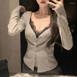 Women's T Shirts 2024 Spring V-neck Single-breasted Long-sleeved Cardigan Women Contrast Colour Lace Patchwork Sexy Camisole Two-piece Suit