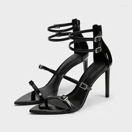 Sandals 2023 Summer Women Gladiator Black Patent Leather Narrow Band Prom Party Shoes Buckle Decor High Heels White Sandalias