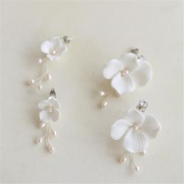 White Ceramic Flower Earrings Wedding Bridal Jewellery Set Freshwater Pearls Flowers Floral Earring Fashion Charm Dropping Long Drop2109