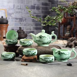 Wine Glasses Traditional Longquan Chinese Kung Fu Teaware Set Handmade Celadon Teapot with Landscape Lotus Design Tea Cups Gift 9Pcs per 231216