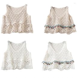 Women's Tanks Women Boho Crochet Sleeveless Cropped For Tank Top V-Neck Hollow Out Knit Floral Camisole Vintage Colourful Crystal Tassel F0T5