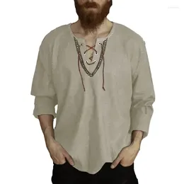 Men's Casual Shirts Shirt Cotton Linen Flax Tops Lace Up Long Sleeves Mens V Neck Mediaeval Costume Collarless Tunic