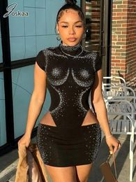 Work Dresses Joskaa Sexy Rhinestone Two Piece Set Women Black Short Sleeve Bodysuits And Mini Skirt Matching Fall 2023 Night Club Outfits