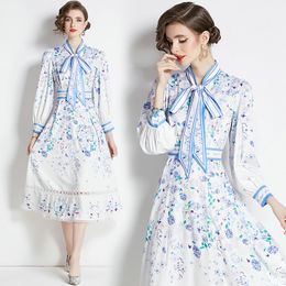 Women Boutique Printed Dress 2024 Spring Autumn Dress Long Sleeve Bow Dresses High-end Retro Lady Dresses OL Ruway Desses