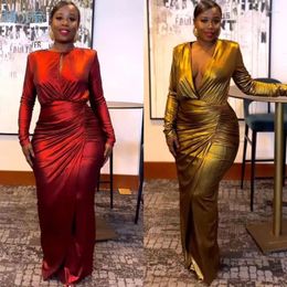 Casual Dresses Red Gold Metallic Ruched Wrap Bodycon Maxi Dress Women Long Sleeve Deep V-neck High Waist Night Party Evening Gown