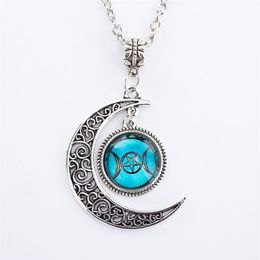 Silver Chain Triple Moon Goddess Pendant Black Wiccan Jewellery Moon Goddess Necklace Glass Dome Pentagram Choker Necklaces Women2676