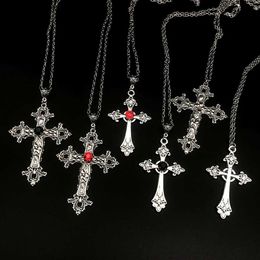 Pendant Necklaces Large Detailed Cross Drill Pendant Jewel Necklace Silver Colour Tone Gothic Punk Jewellery Fashion Charm Statement Women Gift(RedL231218